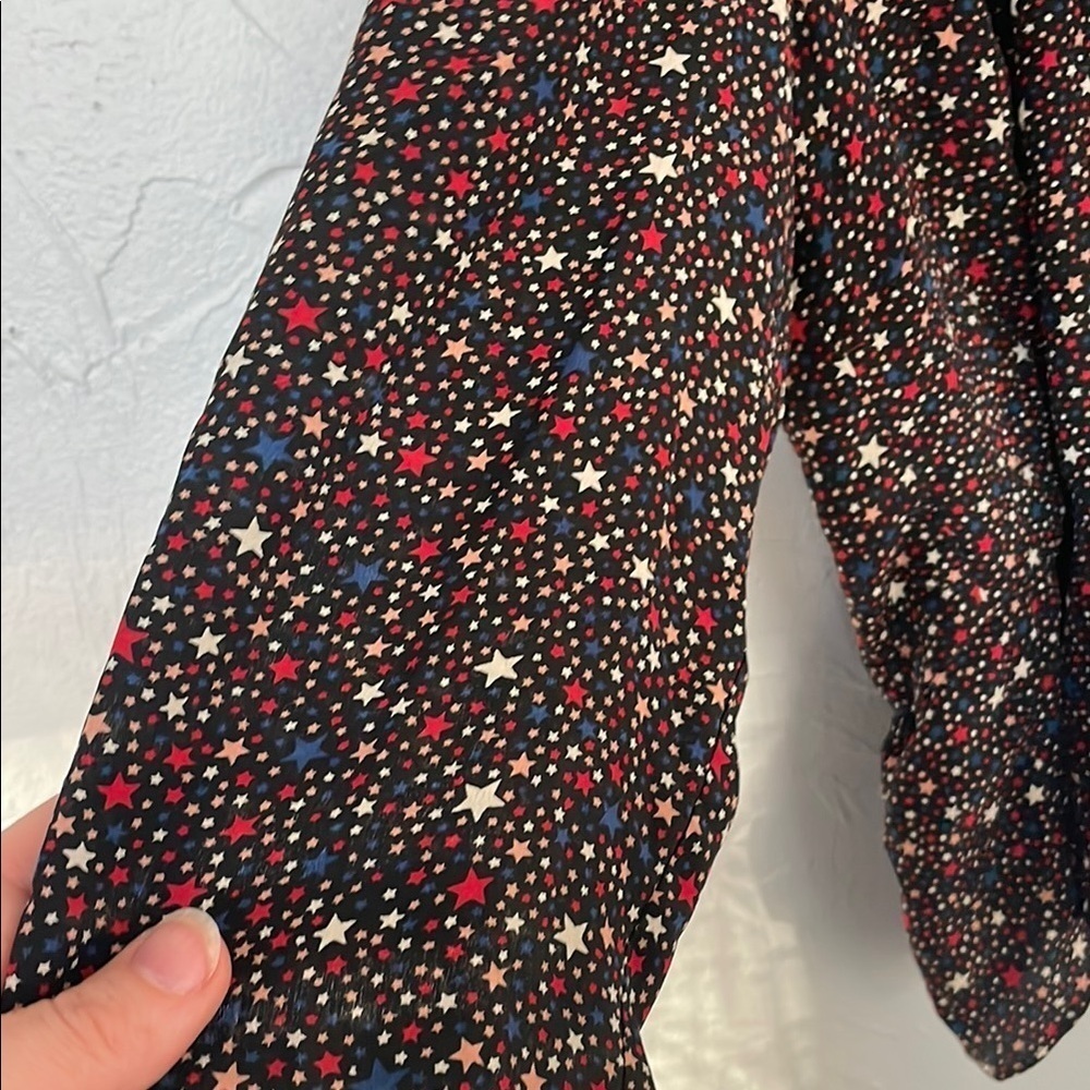 Madewell 100% Silk Star Print Black, Navy, Red, Cream Wrap Peplum Blouse - Picture 3 of 9